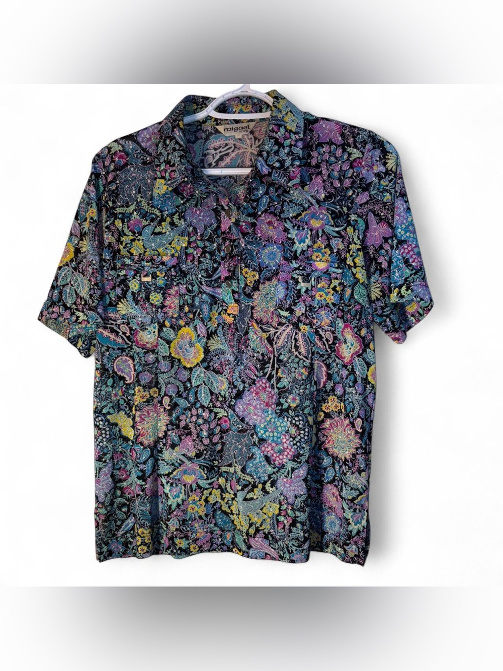 Vintage Migael Short-Sleeve Button-Down Shirt - Black Floral Print